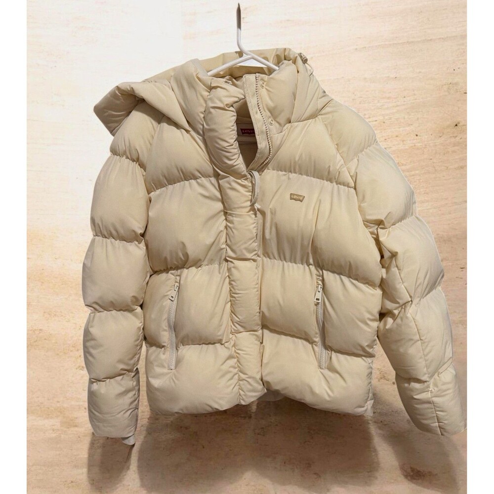 Levi's Women’s Hooded Puffer Jacket Beige Size L Zip Closure Logo Accent